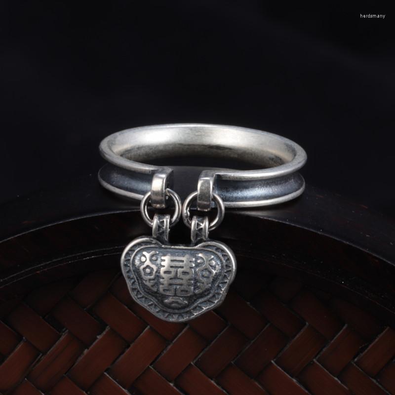 

Cluster Rings XS Joy Letter Ruyi Lock Ring Women's Vintage Double Happiness Index Finger Versatile Ethnic Style