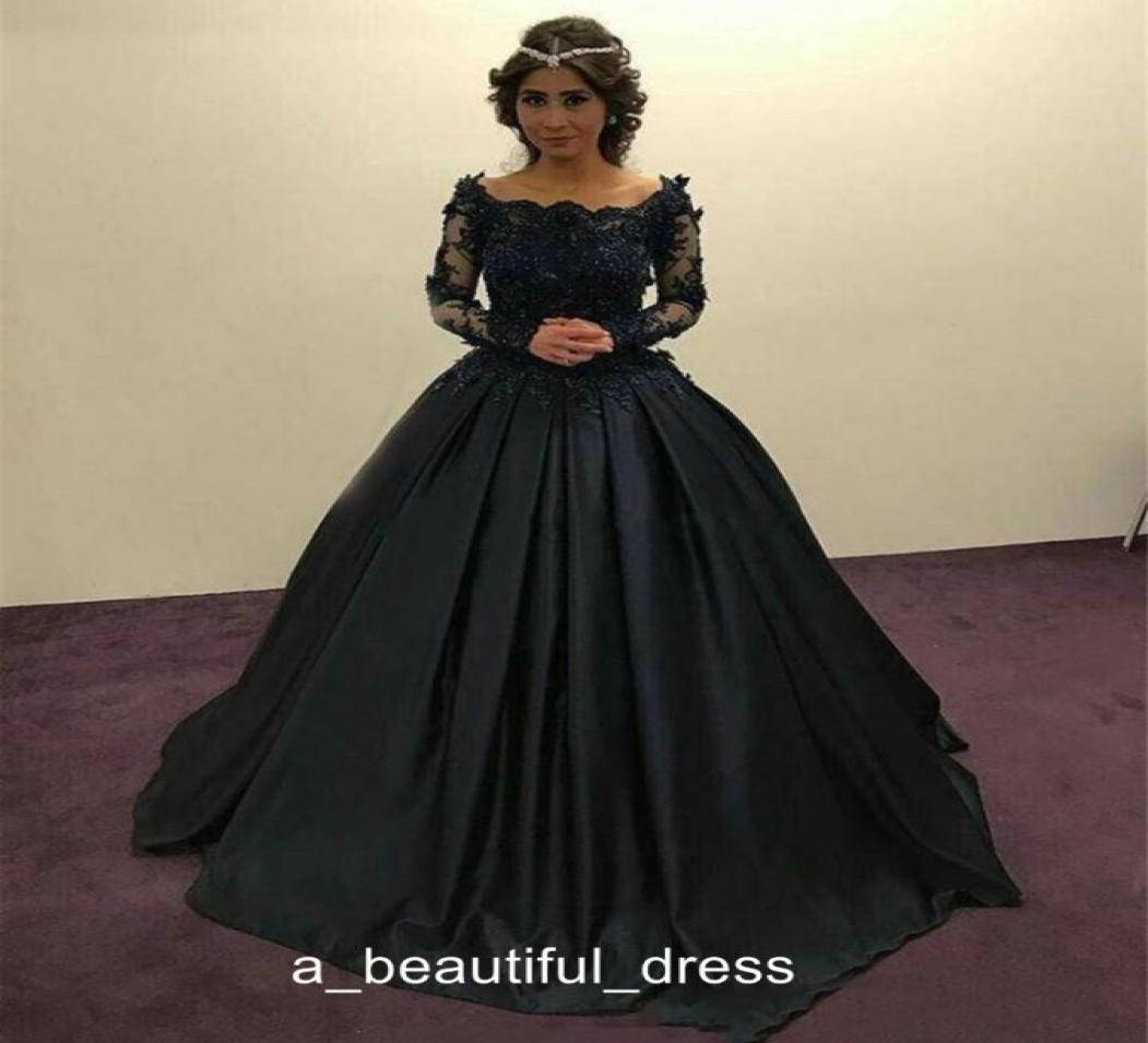 

Vintage Black Ball Gown Prom Dresses Long Sleeves Illusion Off Shoulder Evening Gowns Bead Vestidos Festa formal Party Gowns PD5558807103, White