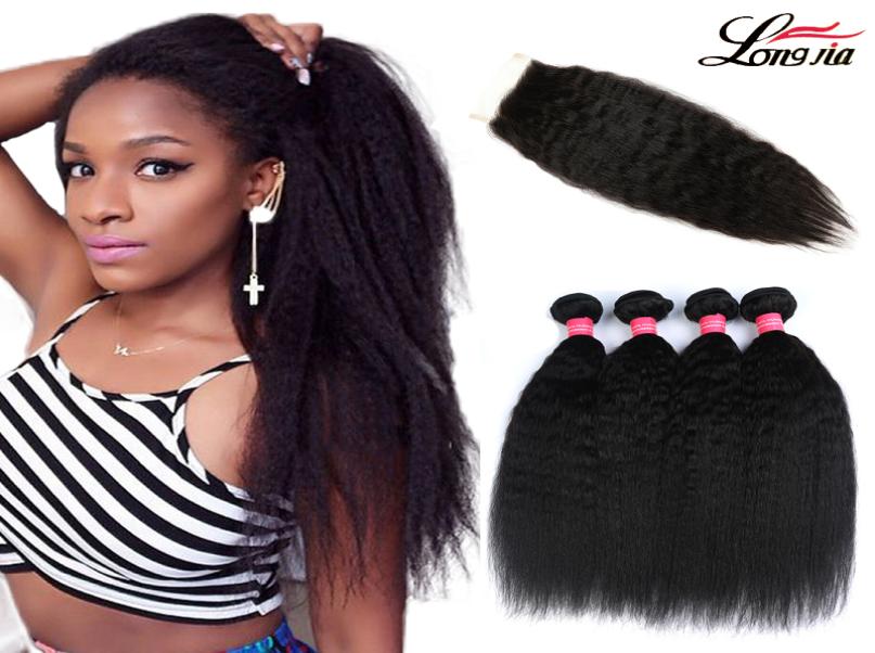 

Brazilian Kinky Straight Hair Weave Bundles With Closure Part 100 Yaki 3 Bundles With Lace Closure Yaki Straight Human Virgi9105835, Natural color