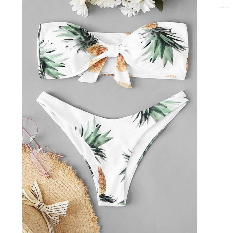 

Women's Swimwear Summer Sexy Pineapple Print Swimsuit Women's Split Two Piece Bikini Beachwear Strapless Tankinis Set, White