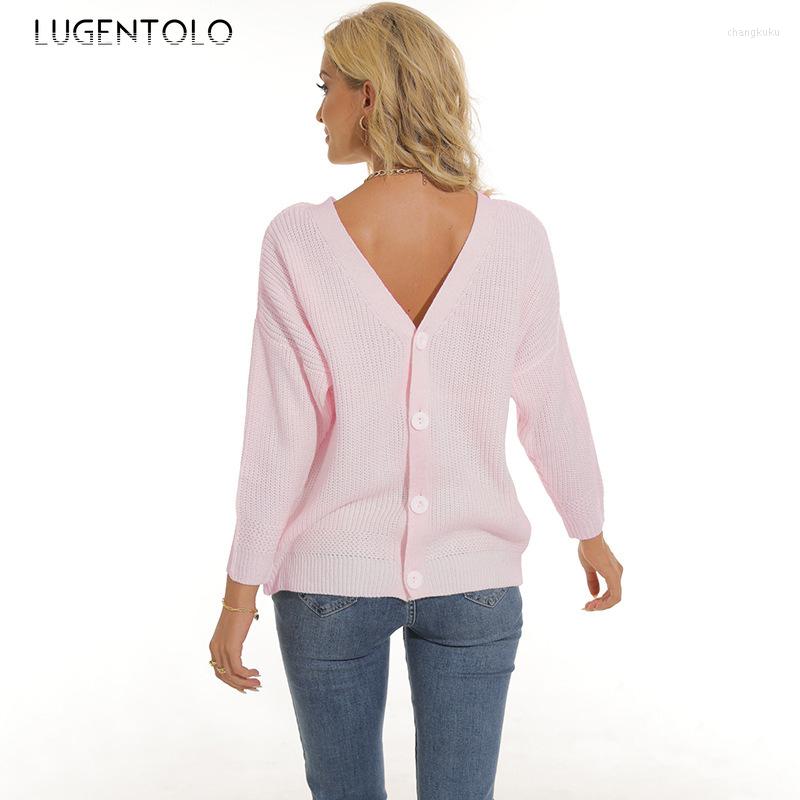 

Women' Sweaters Fashion Sweater Women Knitted Backless V Button Spring Autumn Female Casual Loose Street Thin Pullover Lugentolo, Black