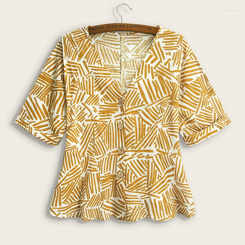 

Women's Blouses  To 4XL Plus Size Blouse Mom Clothing Striped Print V-neck Casual Beach Summer Shirts Women Tops Blusas Mujer, Yellow