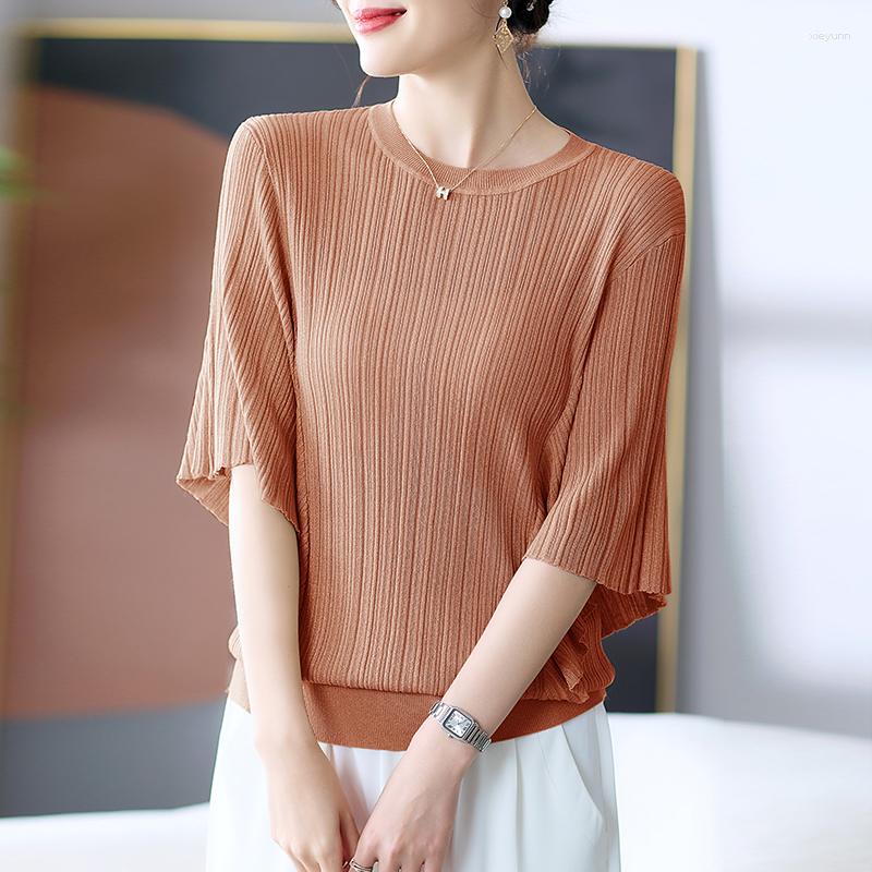 

Women's Blouses Elegant 2023 Summer Short Sleeve Blouse Fashion Shirt Women's Knitted Tops Loose Shirts Solid Color Clothes Blusas 27040, Gray