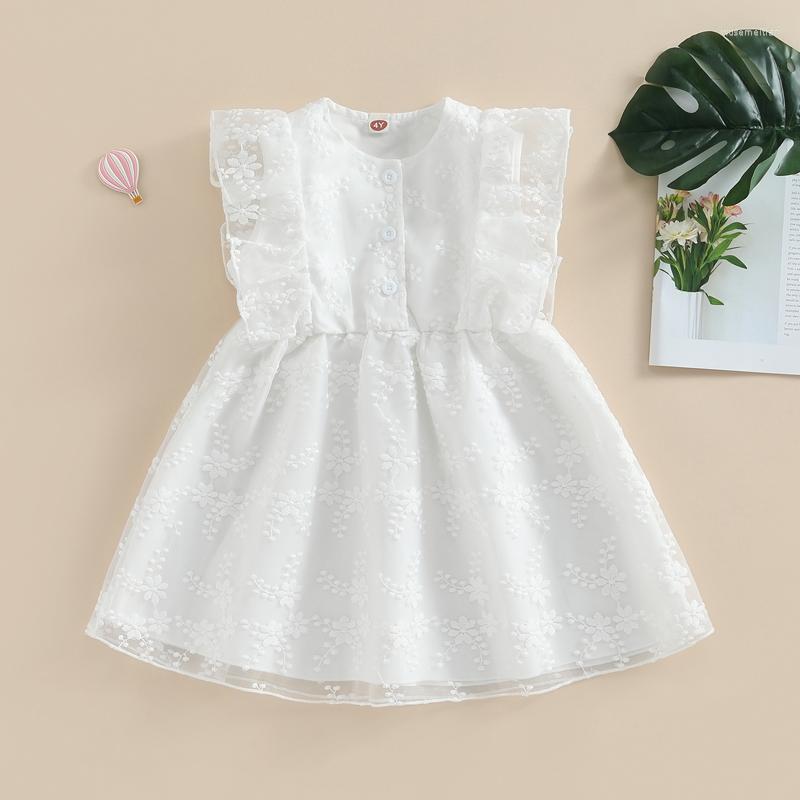 

Girl Dresses Summer Children Clothes Solid Color Flying Sleeve Floral Embroidery Baby Girls Dress Sweet Princess Gauze, Picture shown