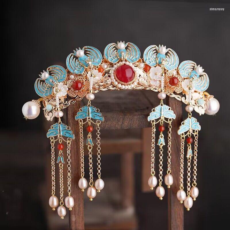

Hair Clips Women's Blue Flowers With Imitation Gem Tassel Crown Hairpin Chinese Headdress