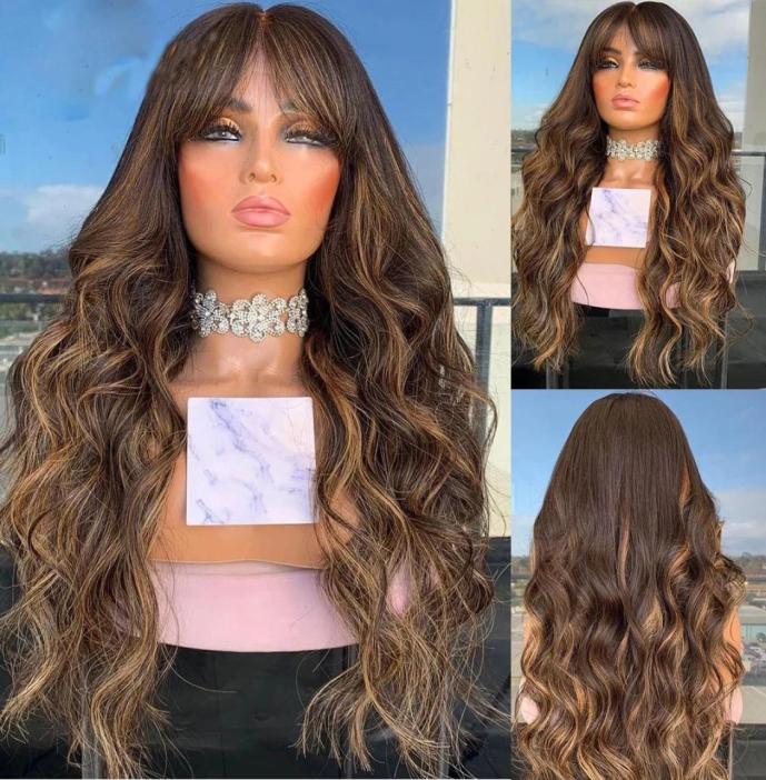 

Fringe Wig Silk Base Highlights Blonde Wavy Full Lace Human Hair Wigs With Bangs 360 Frontal Remy Ombre Brown 13x6 Lace Front1217664, Ombre color