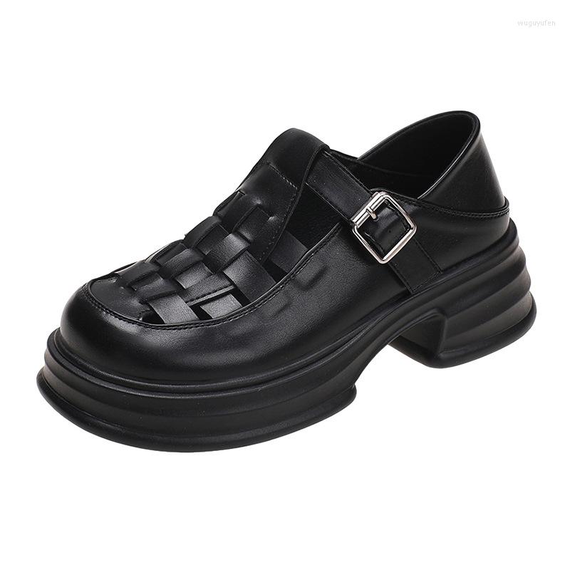 

Dress Shoes Black White Mary Jane Sandals Leather Woven Upper 5CM Heeled Retro British Style Daily Casual Women's Summer Two Ways