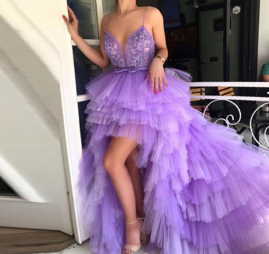 

Light Purple High Low Prom Dresses Spaghetti Straps Appliques Beading Tiered Tulle Plus Size Backless Evening Dresses Sexy Party D9490551, Chocolate