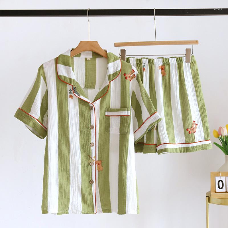 

Women's Sleepwear 2023 Japanese Women's Summer Pajamas Short Sleeve Shorts Set Ladies Cotton Crepe Vertical Cute Home Furnishing Two, Blue