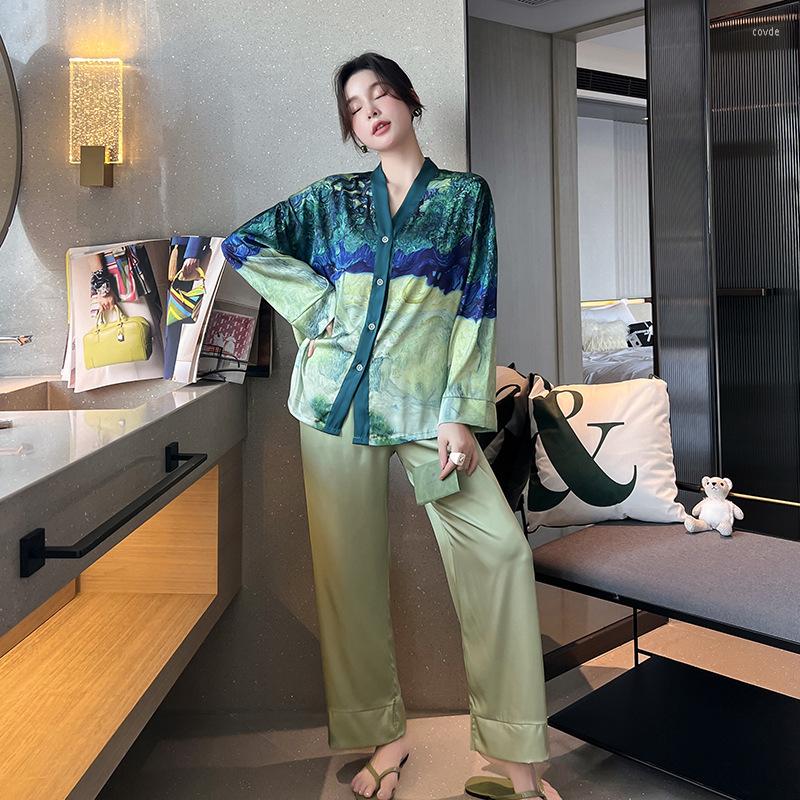 

Women's Sleepwear Women's Pajamas Set Luxury Style Painting Print Satin Silky Touch Homewear V Neck Nightie Casual Home Suit, 01