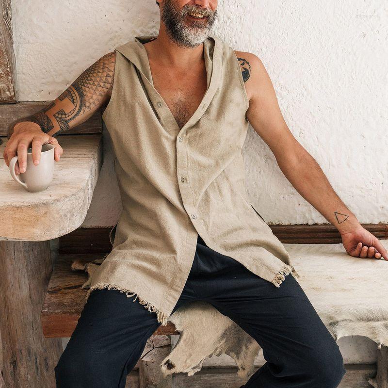 

Men's Tank Tops Sleeveless Hooded Vest Cotton Casual Men's Wear, Beige