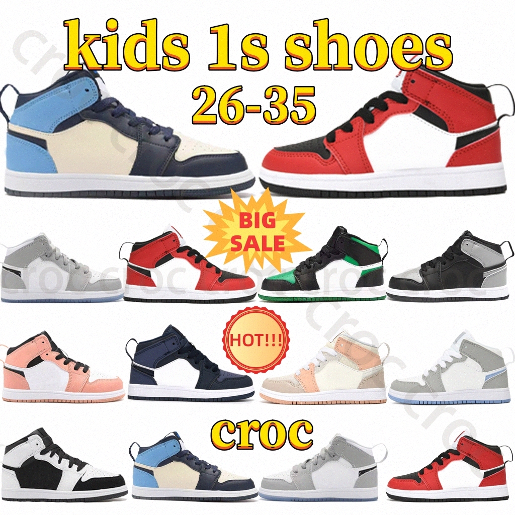 

jumpman 1s kids shoes high wolf grey Chicago shadow bred toe white black milan childrens sneaker Boys Girls size 22-35