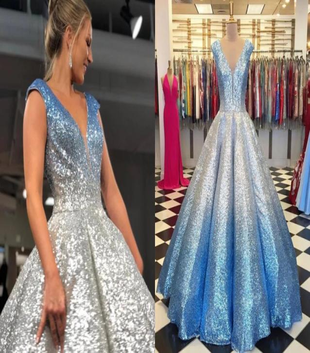 

Sparkly Ombre Light Blue A line Prom Dresses V neck Sequined Fabric Ruched Backless Floor Length Evening Formal Dress Gowns for Wo1568614, Orange