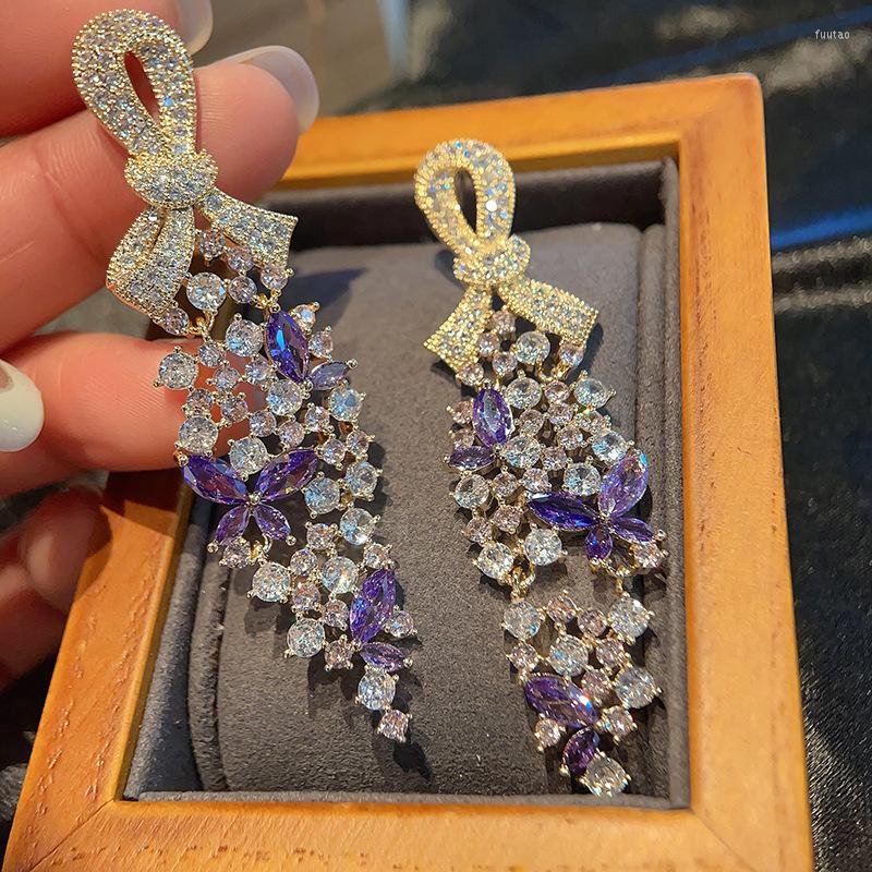 

Dangle Earrings S925 Silver Needle Bow Leaf Jewelry With Colorful Zircon