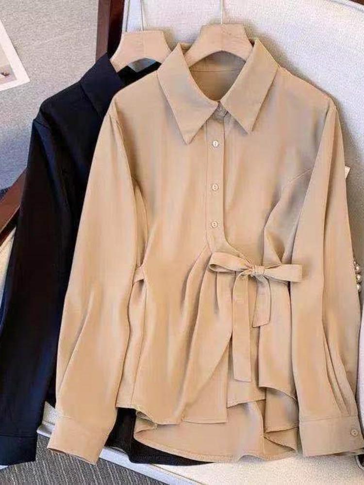 

Women's Blouses Basic Casual Solid Shirts Long Sleeve All-match Vintage Office Lady Turn-down Collar Simple Soft Work Clothes Tops, Khaki