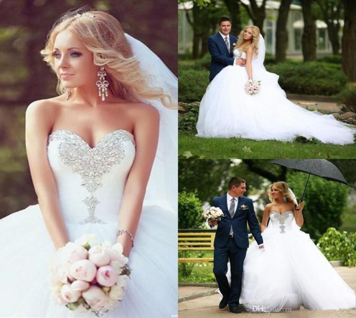 

2019 Ball Gown Wedding Dresses Sweetheart Neckline Crystal Floor Length Tulle Bridal Gowns Court Train Real Po Plus Size5853875, Same as image