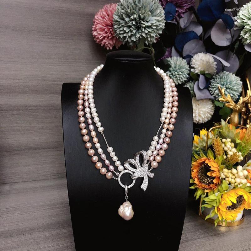 

Chains 3rows Freshwater Pearl Multicolor Baroque/rice Necklace 45cm