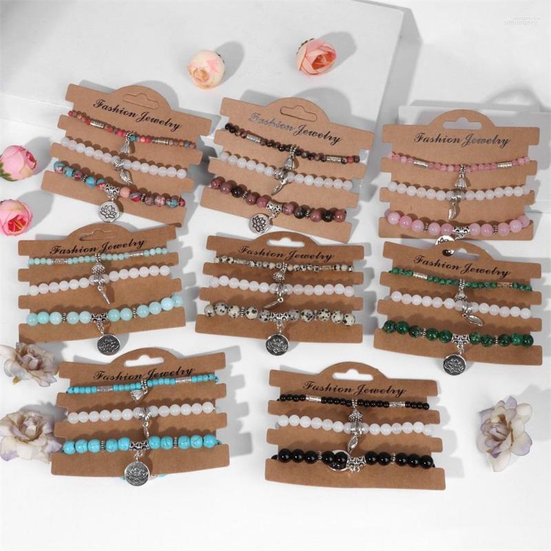 

Strand Healing 3 Pcs/set Natural Stone Louts Bracelet For Women Agates Beads Set Female Jewelry Men Leaf Bangles