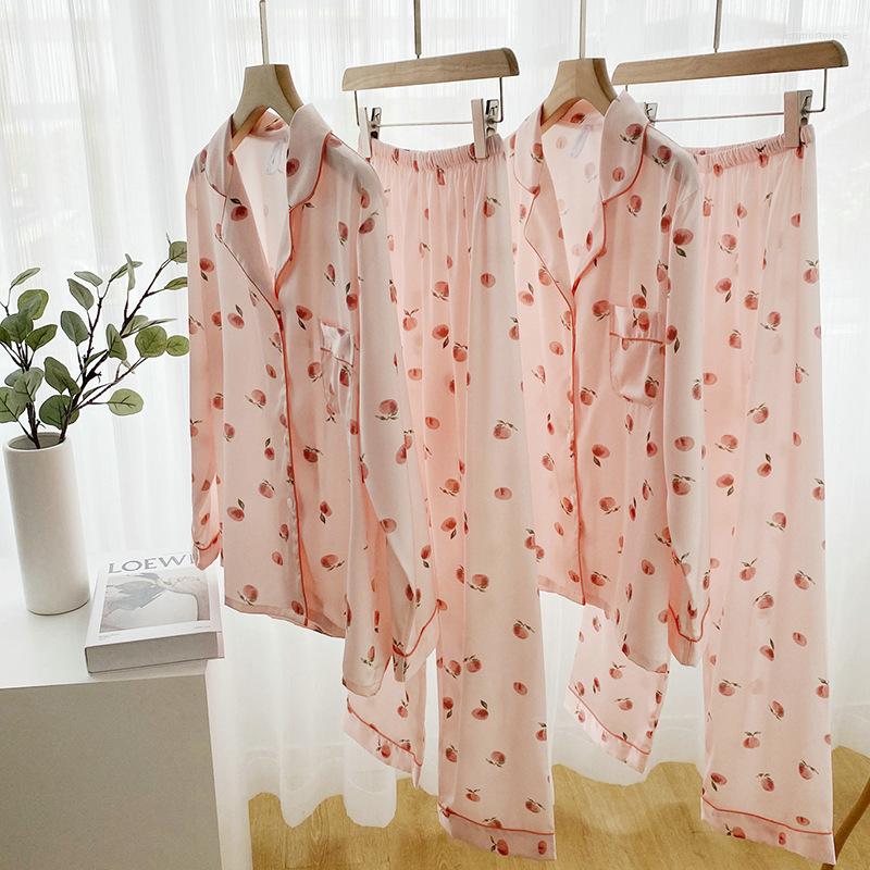 

Women's Sleepwear Women's Summer Pink Pajama Set High Grade Lmitation Silk Lapel Honey Peach Print Nightwear Button Pocket Short Sleeved