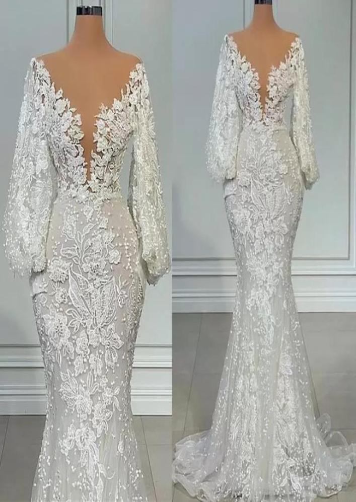 

2023 A Line Wedding Dresses Long Sleeve Sheer Neck Full Lace Floral Beaded African Trumpet Fishtail Beach Aso Ebi Bridal Gowns BC15779321, Pink