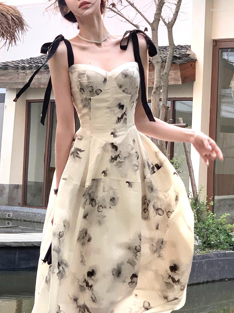 

Casual Dresses Elegant Print Strap Party Beach Dress Women Summer 2023 Korea Fashion Sexy Sweet Midi French Office Lady