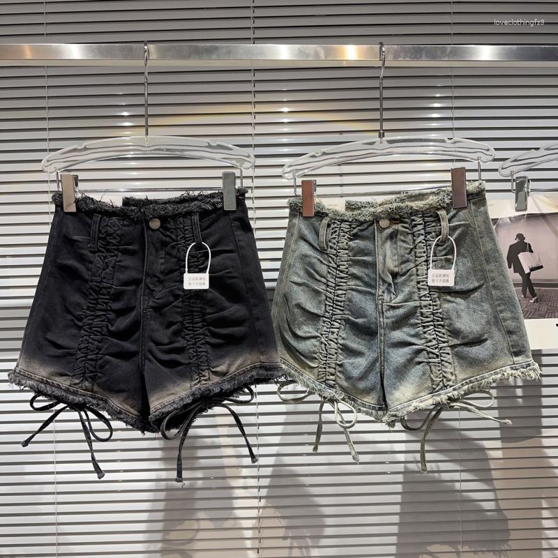 

Women' Shorts BORVEMAYS Pleated Drawstring Denim Women 2023 Summer High Waist Patchwork Contrasting Colors Jeans Street WZ3509, Dark black grey