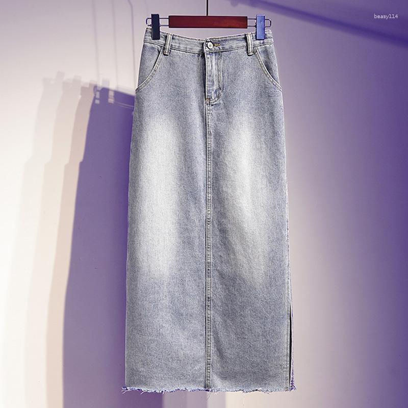 

Skirts Plus Size -5XL Casual Side Slit Denim Skirt Spring A-line Long Maxi Burrs For Women Jeans, Blue