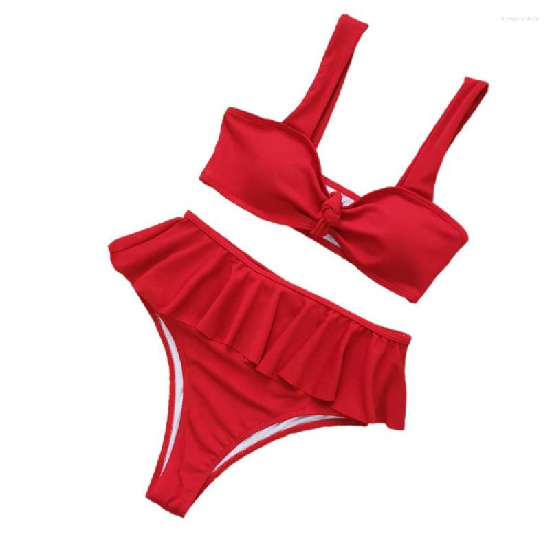 

Women' Swimwear Wide Shoulder Straps Ruffle Hem Ribbed Girls Bikini Set Bowknot Bra High Waist Panties Swimsuit For Water Activity, Black