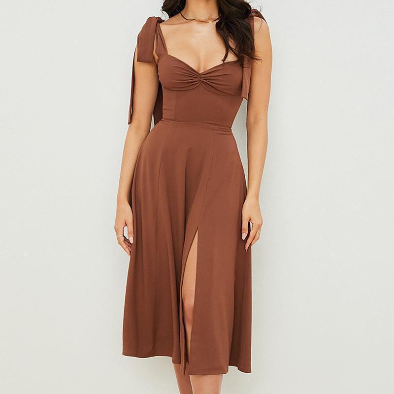 

Casual Dresses Sundress Party Sexy V Neck Sleeveless Solid Lace Up Elegant High Waist Split Hem Mid Calf Beach Summer Dress 4, Gn