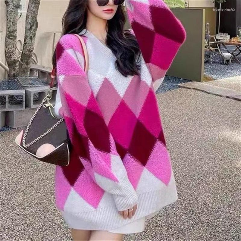 

Women's Sweaters 2023 Thick Loose Lazy Female Raglan Sleeve V Neck Outer Wear Diamond Winter Women Knitted Sweater Pullover, Green