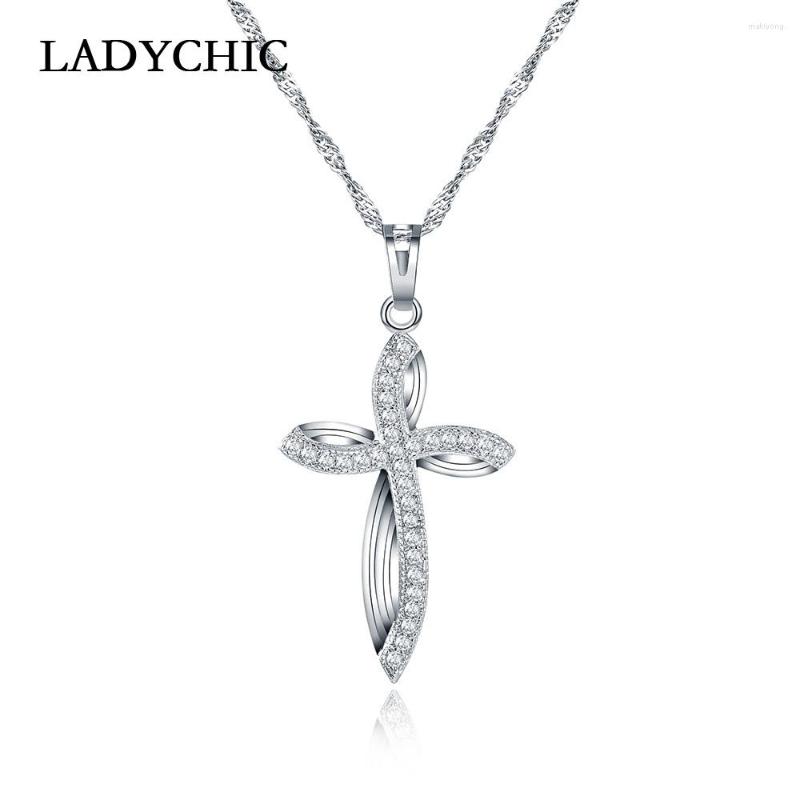 

Pendant Necklaces LADYCHIC Women Silver Color Cubic Zircon Female Necklace Cross Shape With Foliage Inspiration Jewelry LN1001