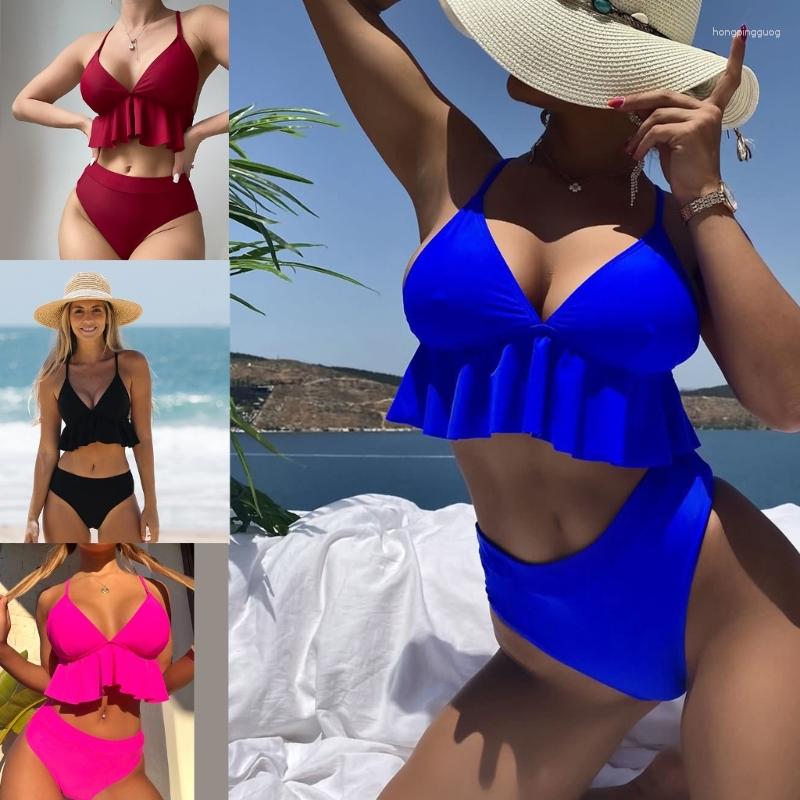 

Women' Swimwear Womens Two-piece Beachwear Back Strap Ruffled Ribbed High Waisted Bikinis, Black