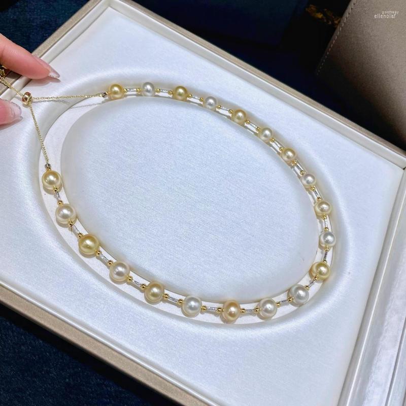 

Chains High Chic Salt Water 9mm Nature Sea Round Genuine Gold Pearls Necklaces For Women Holidays Presents