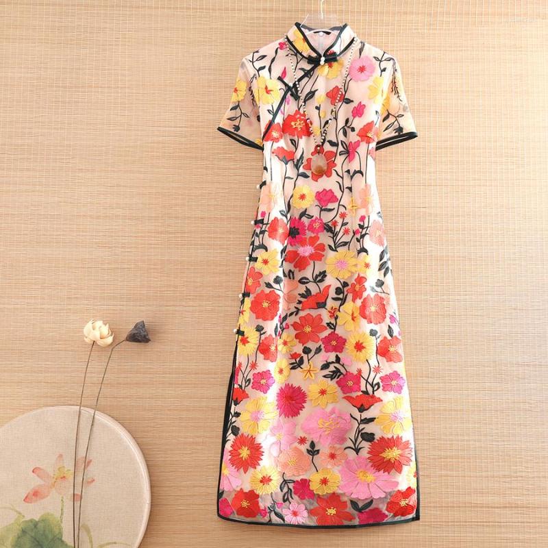 

Ethnic Clothing High-end Spring Summer Women Mesh Dress Cheongsam Retro Elegant Embroidery A-line Lady Party Qipao S-XXL