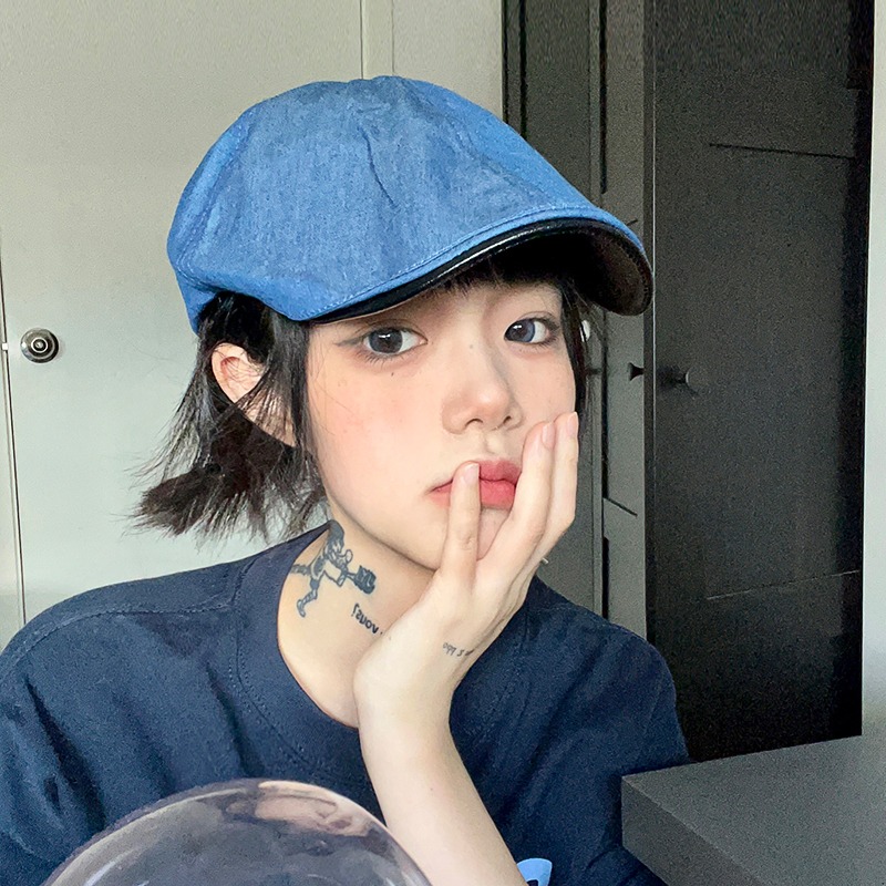 

Japanese Denim Blue Newsboy Hats for Women Show Face Small Summer Tooling Forward Hat Harajuku Vintage Detective Beret Caps