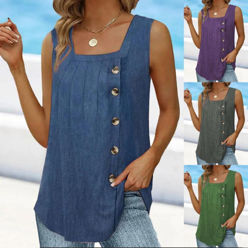 

Women's Tanks Summer Fashion Ladies Pleated Square Neck Sleeveless Tuxedo Button Vest, Grey