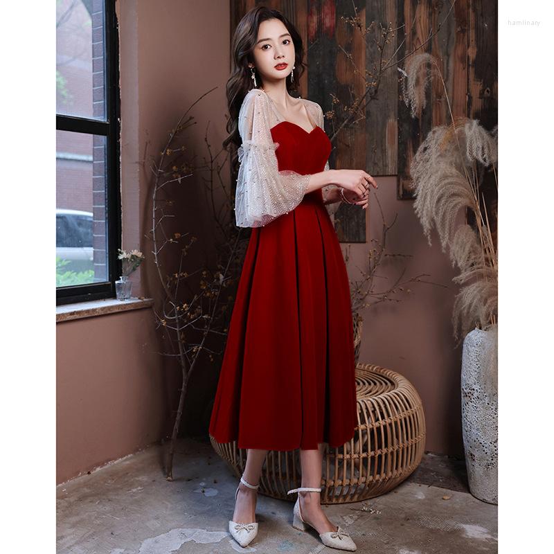 

Ethnic Clothing Chinese Style Evening Party Dress Sexy Mesh Burgundy Velvet Vintage Qipao Cheongsam Women Half Sleeve Celebrity Banquet