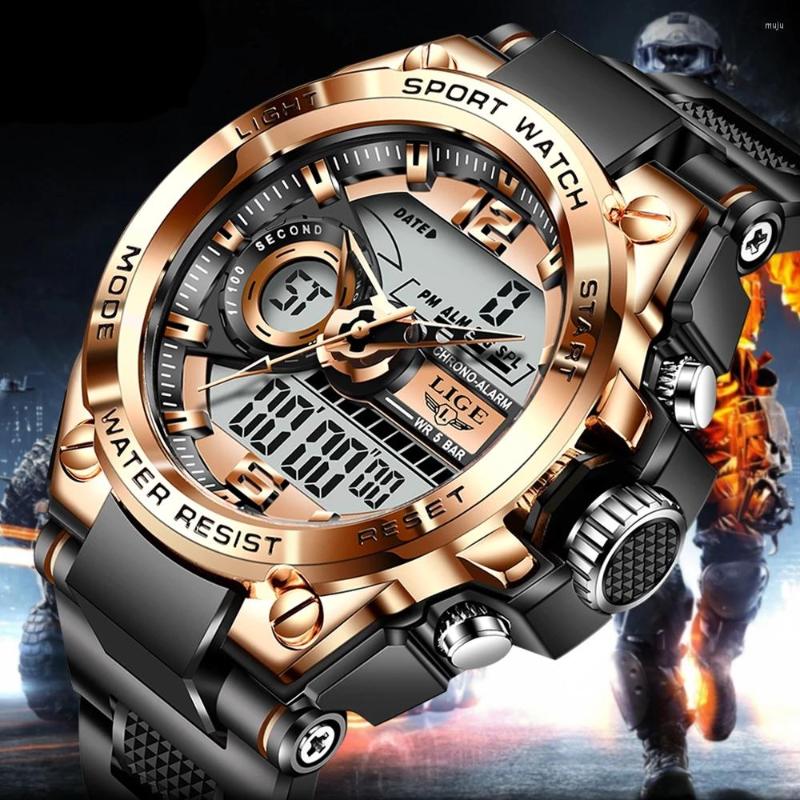 

Wristwatches LIGE Men'S Digital Electronic Wrist Watches Army Sport Clock 50m Waterproof Chronograph Military Watch For Men, Black gold