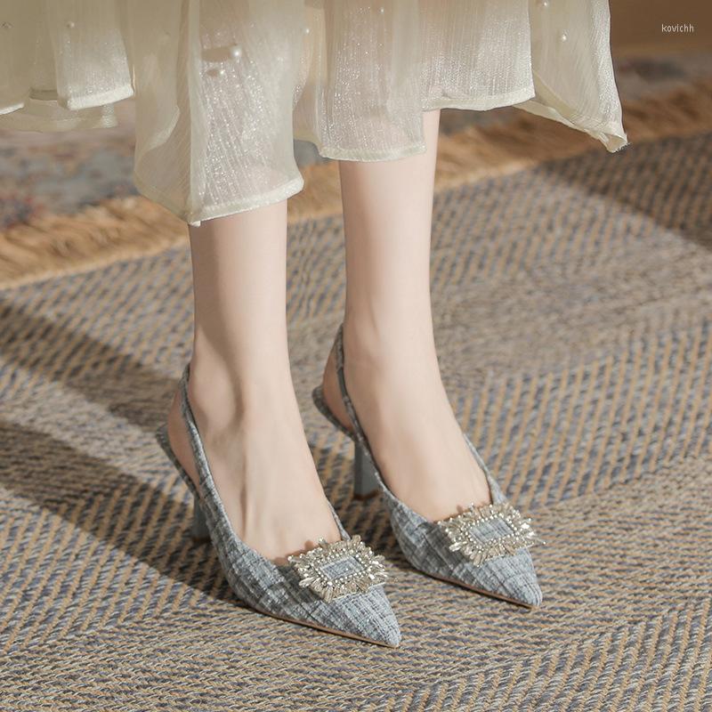 

Dress Shoes Summer Women's Baotou Sandals Water Diamond Square Buckle High Heels Fashion Fairy Style Single Wl-E022, Black