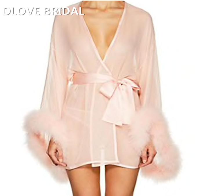 

Short Blush Pink Bridal Wedding Robe with Marabou Trim on Sleeve Sash Short Sexy Night Gown Pajamas7344876
