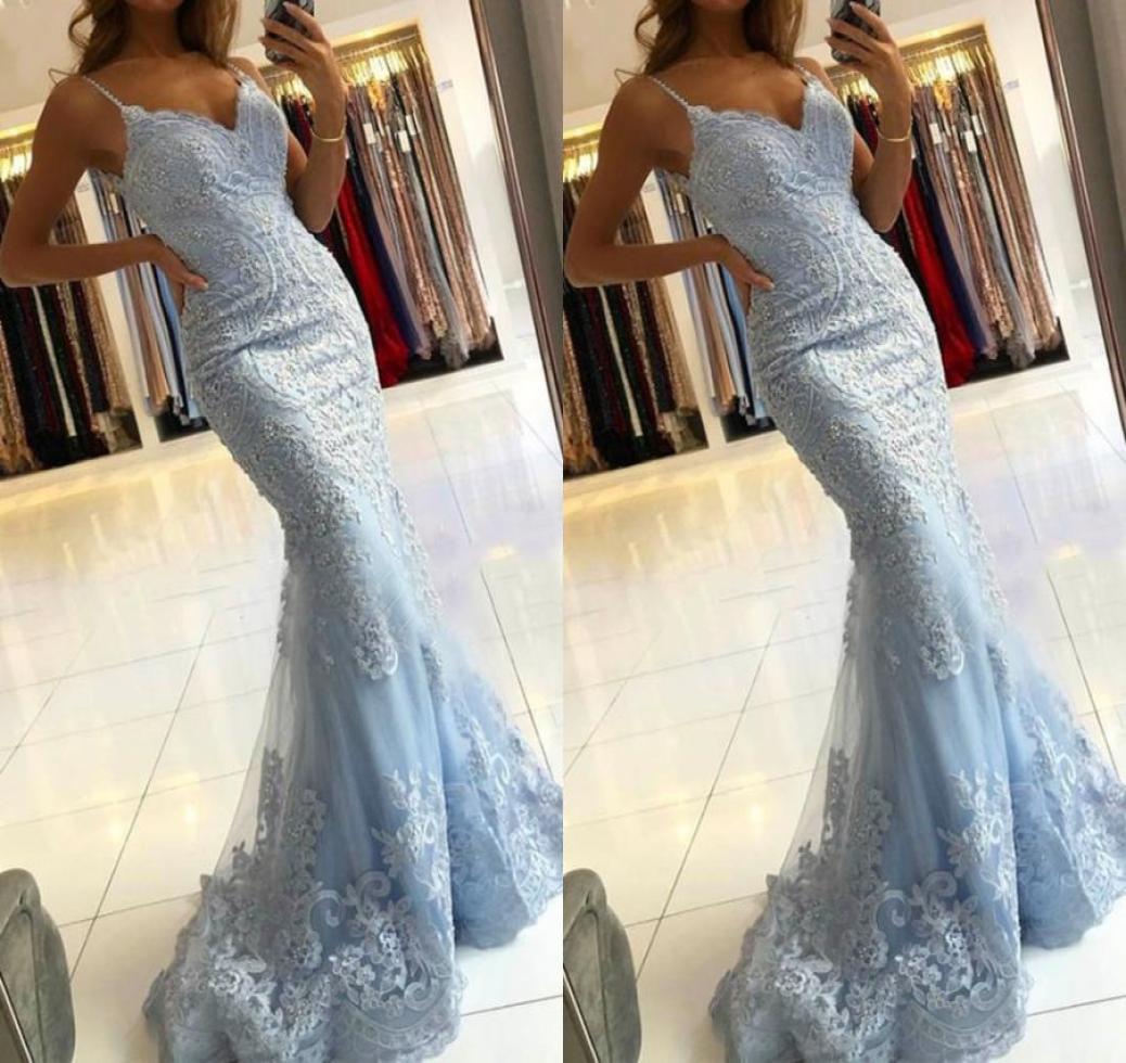 

2022 Luxurious Baby Blue Prom Dresses Mermaid Evening Gowns Lace Beads Applique Spaghetti Beaded Staps Sexy U Open Back Party Grad2102742, Hunter green