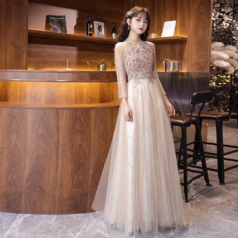 

Ethnic Clothing Woman Exquisite Sequins Bling Beading Evening Dress Long Sleeve A-Line Floor-Length Tulle Party Formal Gown