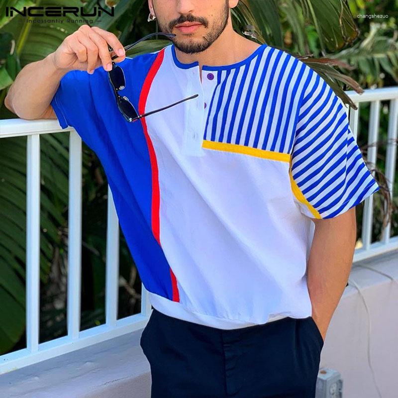 

Men's T Shirts INCERUN Tops 2023 American Style Men's Fashion Knitted T-shirts Casual Streetwear Irregular Stripe Short Sleeved Camiseta, Blue