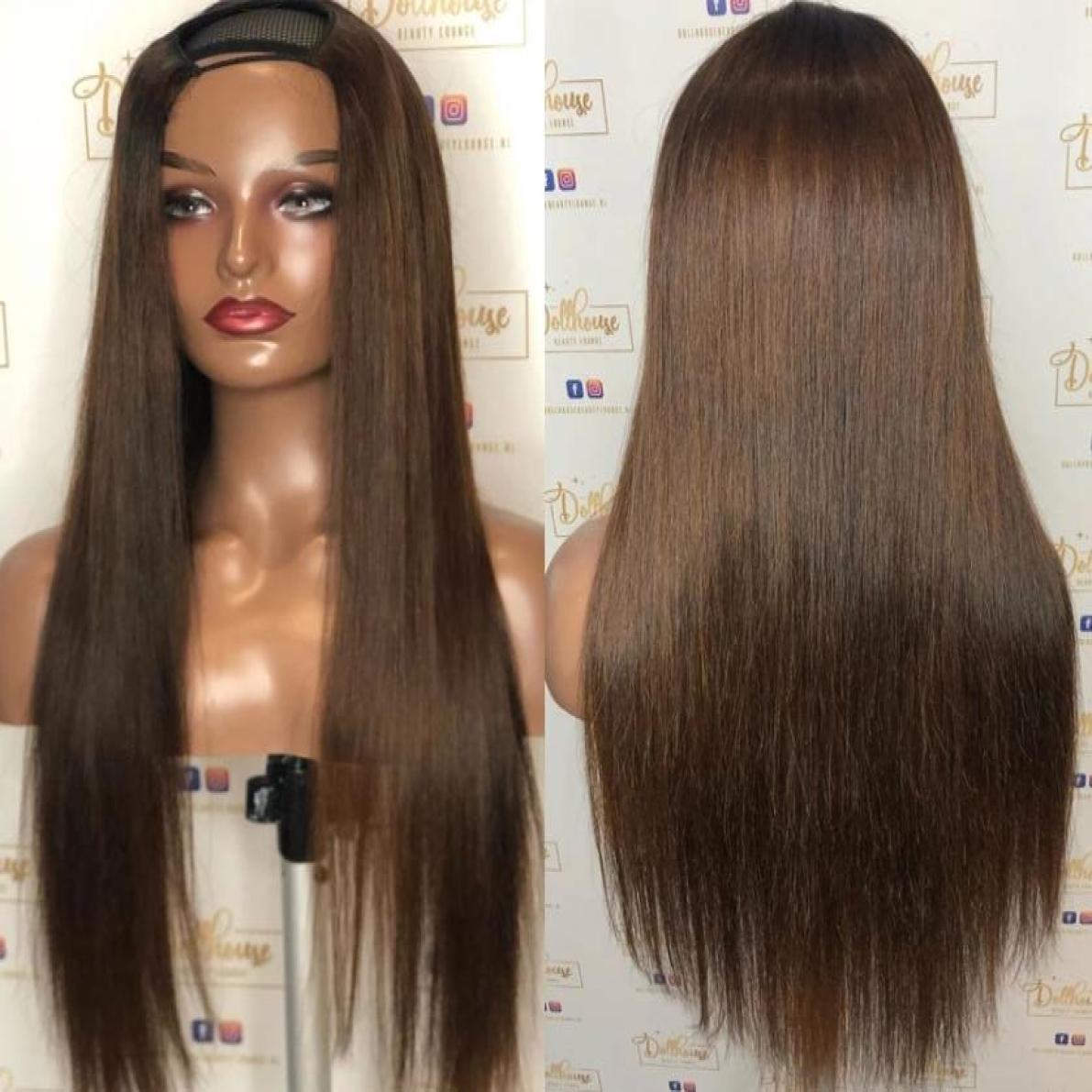 

30Inch Indian Middle UPart 100 Human Hair Wigs 4 Light Brown Adjustable Straps Glueless 1x4 U Part Wigs Full Machine Made Remy 16015996, Ombre color