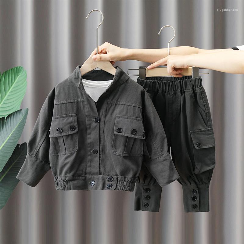 

Clothing Sets Kids Spring Autumn Clothes Suit 2023 Fashion Boys Solid Color Stand Collar Jacket And Cargo Pants 2 Pcs Children Outfit, Gray