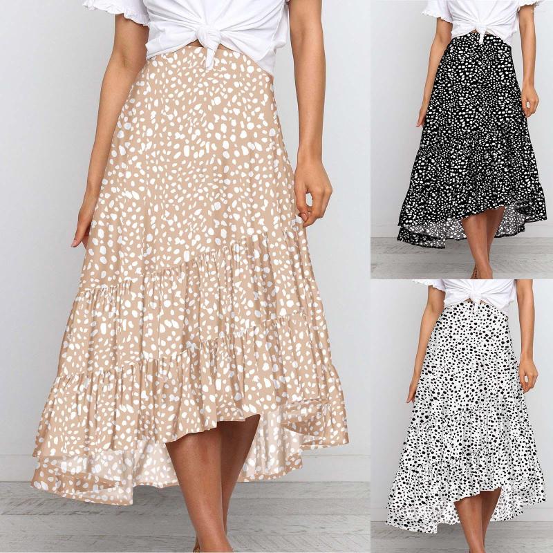 

Skirts Sexy Leopard Printed Long Maxi Fashion Women Loose Ruffle Printing High Waist A-Line Split Pleated Faldas Mujer, Beige
