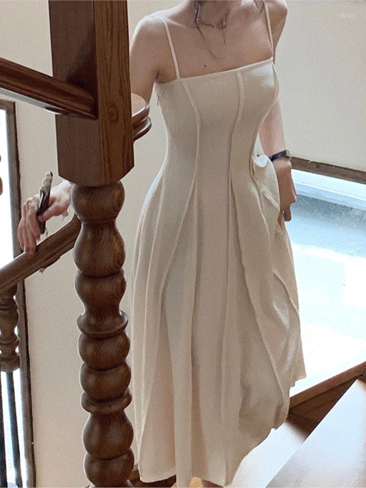 

Casual Dresses Spaghetti Strap Elegant Midi Women Summer Dress Sleeveless Vintage A-Line Party Vestidos Femme Fashion Robe Clothes, Apricot
