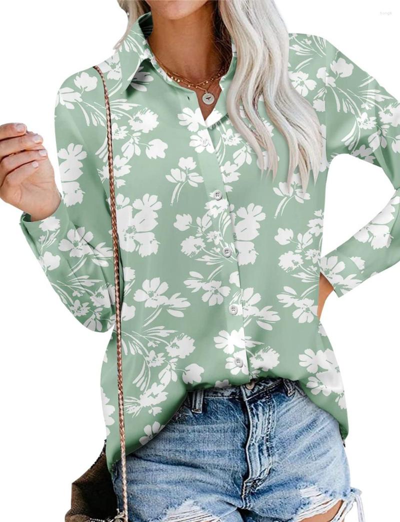 

Women's Blouses Women's V-neck Green Floral Print Shirt Woman Blouse Casual Long-sleeved Button-up Tops Oversized Loose Fashion Suit, Hshhf2320148