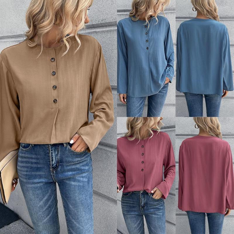 

Women' Blouses Women Loose Button Blouse Shirts Casual O-Neck Long Sleeve Solid OL Workwear Pullover Tops Spring Autumn YBL-J18127, Random color