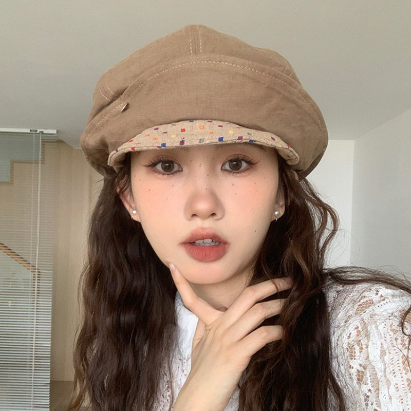 

High Sense Linen Japanese Small Brim Painter Hats for Women Summer Large Version Show Face Small Retro Clouds Stacking Berets